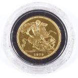 A 1979 proof gold sovereign, cased