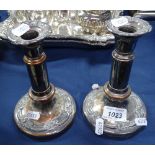 A pair of Victorian silver plate on copper telescopic candlesticks, extended height 21cm