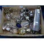 A box containing assorted silver plated cutlery, cream jugs, toast racks etc