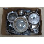 A box containing silver plated 3-piece teaset, coasters, candelabra etc