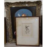 A floral study in embossed frame, height 30", and a portrait of a dancer