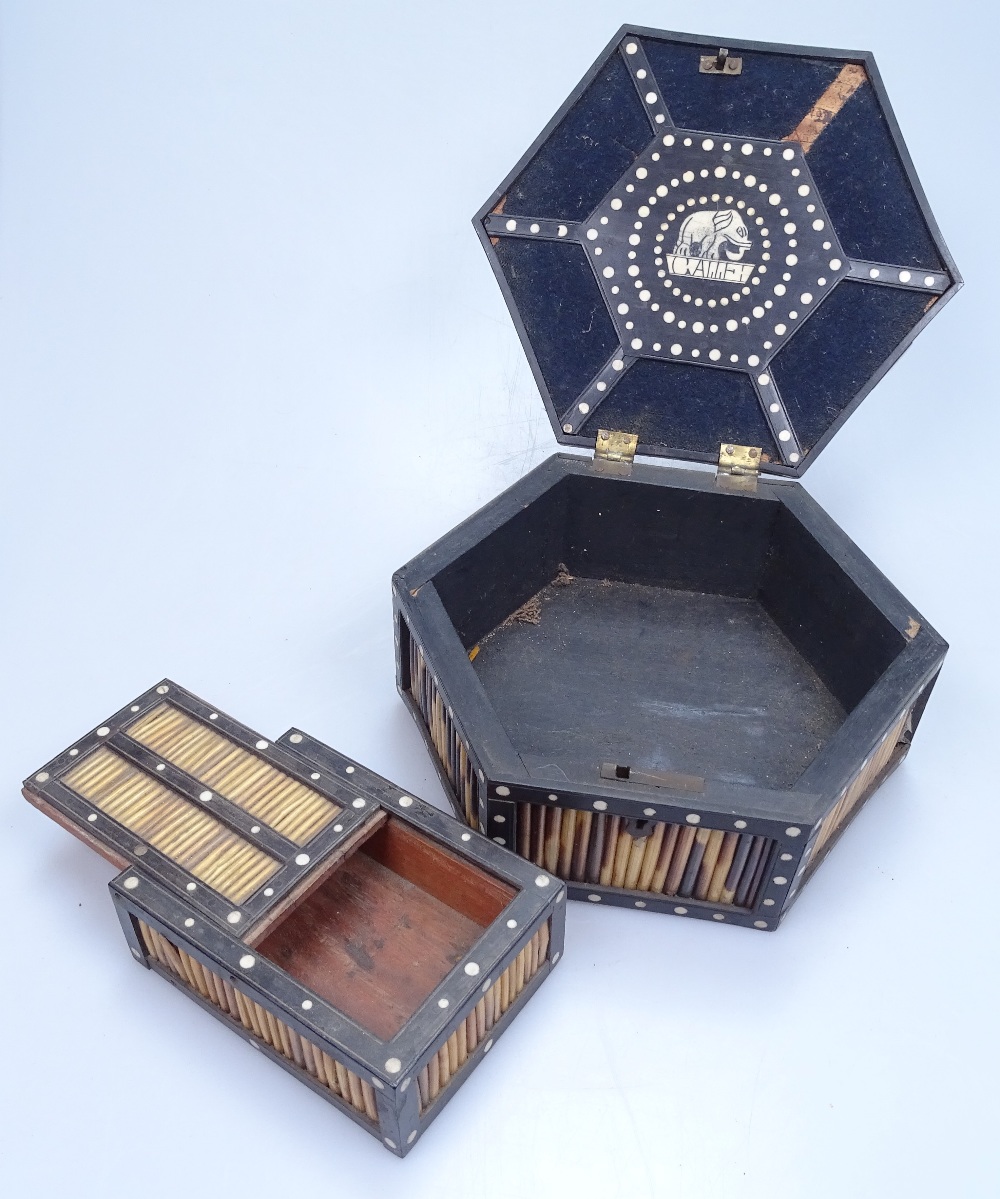 An early 20th century Indian porcupine quill ebony and ivory hexagonal box, diameter 8", and a - Image 2 of 2