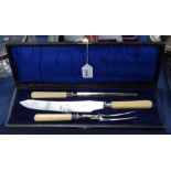 J H Potter Cutler & Silversmith Sheffield, a cased 3-piece serving set with silver collars