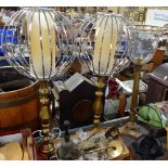 A pair of brass table lamps, with steel wirework shades, overall height 28", and a French brass