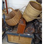 A carpet sweeper, a laundry box, baskets etc