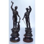 A pair of spelter figures of a miner and a blacksmith, height 11"