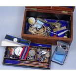 Jewel box with a military pocket watch, a medal, and other interesting items
