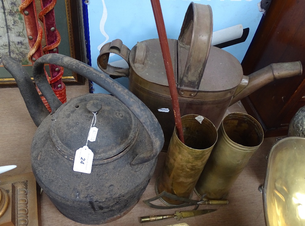 A large Victorian brass water can, and cast-iron teapot - Image 2 of 4