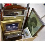 A box with 2 mirrors, framed prints etc
