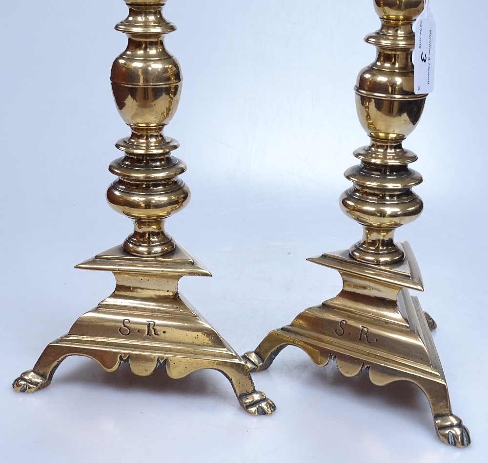 A pair of 18th century brass pricket candle stands, with inscriptions to the bases, height 12.5" - Image 2 of 2