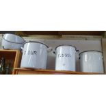 3 enamel flour bins and a pot