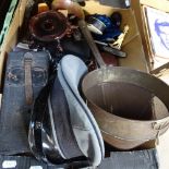 A box containing an Ensign box camera, a hip flask, kitchen items etc