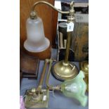 A Victorian brass student's desk lamp, with opaque glass shade, height 16", and an adjustable