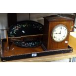 An Edwardian mahogany mantel clock, an Oriental inlaid tea tray, an extending book rack etc