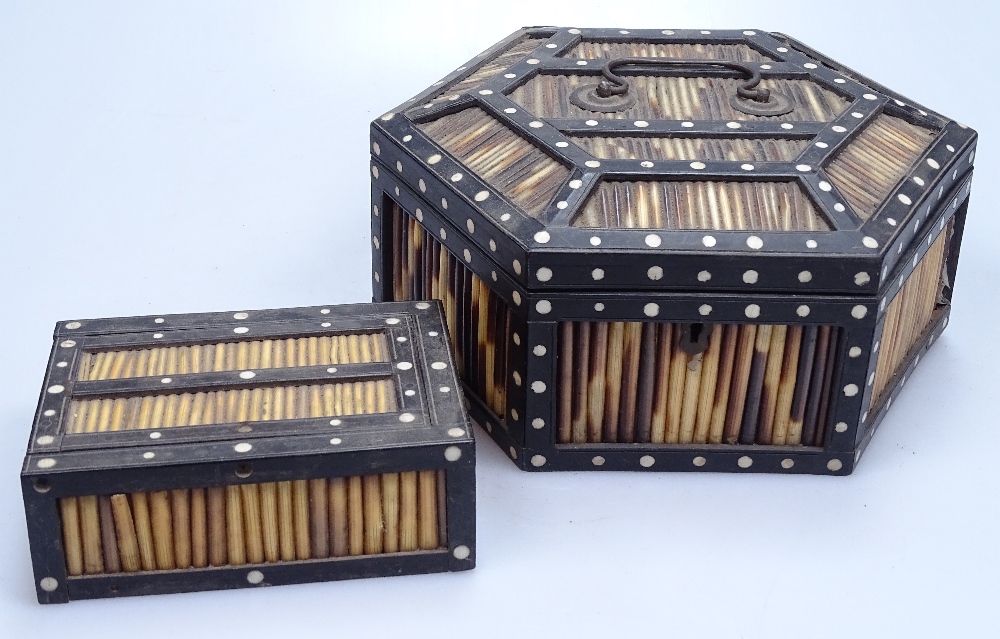 An early 20th century Indian porcupine quill ebony and ivory hexagonal box, diameter 8", and a