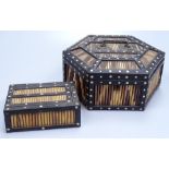 An early 20th century Indian porcupine quill ebony and ivory hexagonal box, diameter 8", and a