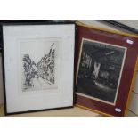 2 monochrome etchings, Notre Dame, and a blacksmith