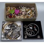 A lady's silver wristwatch and bangle, and 3 boxes of modern costume jewellery