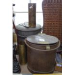 A brass-mounted metal feed canister and server, height 12", and a Lister metal pot, and 2 brass