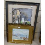 Mixed media, religious study, and 2 watercolours, coast scenes (3)