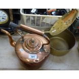 A copper kettle, a cream skimmer, a saucepan, and a bedwarming pan