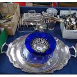 A quantity of silver plate to include a 2-handled serving tray, salvers, a tureen, entree dish and