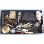 A box of various items, including a fountain pen, a compact, a foxhead snuffbox, a wristwatch etc