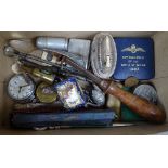 A box of miscellaneous desk items, a pocket watch etc