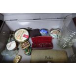 A tin Deed box and contents, gramophone needle tins etc