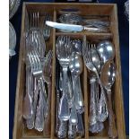 A tray of mixed plated cutlery, to include Old English and Kings pattern