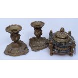 A French marble and ormolu-mounted inkwell, and a pair of candlestands