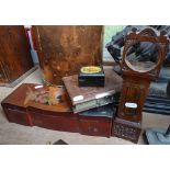 A Victorian leather photo album, a lacquer box, a small sewing box, and a pocket watch stand (4)