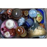 A box of china pots, a glass bottle etc