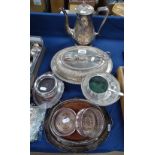 2 silver plate on copper wine coasters, 2 others, an embossed vegetable tureen, a serving dish etc