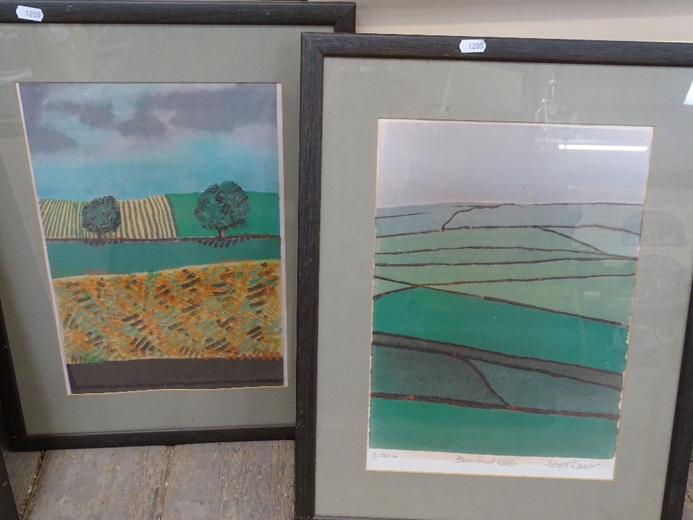 A set of 3 colour lithographs, abstract landscapes, indistinctly signed in pencil, image 15" x - Image 2 of 2