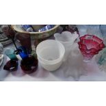 A pair of cranberry glass light shades, an Art Glass vase and other decorative glass