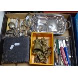 A tray containing plated cutlery, teaspoons, plated cigarette box, penknives etc