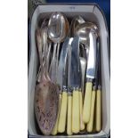 A box of silver plated cutlery and knives