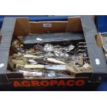 A box containing a quantity of plated cutlery, dinner knives, toast rack etc