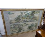 A pair of Oriental coloured prints, depicting village scenes, mounted in single giltwood frame,