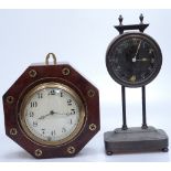 A brass inlaid mahogany octagonal-dial wall clock, with later sprung movement, and another mantel