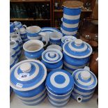 Various TG Green Cornishware storage jars, jug, teapot etc