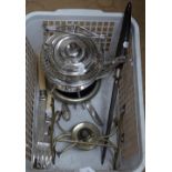 A silver plated spirit kettle on stand, cutlery etc