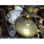 A large Victorian brass kettle, an oil lamp, a twin-branch candle holder etc