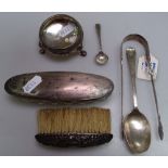 A silver salt, a glass and silver-topped box, spoons etc