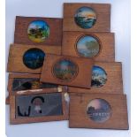 9 various wooden-framed coloured-glass Magic Lantern slides, some A/F