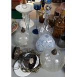 A pair of crackle glaze hanging lanterns, a lampshade, a decanter etc