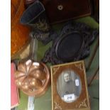 An Antique copper jelly mould, 6" across, a metal vase, a carved wood frame, and another