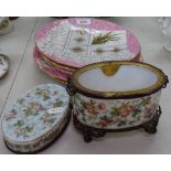 5 Victorian embossed and painted dessert plates, and a painted glass casket