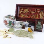 A collection of Oriental items, including carved and gilded wood panel, length 40cm, a pair of tea